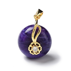Natural Charoite Pendants, Flat Round Charms with Golden Tone 925 Sterling Silver Rhinestone Findings