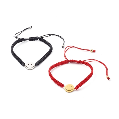 Nylon Thread Braided Bead Bracelet, with 201 Stainless Steel Flat Round with Smiling Face