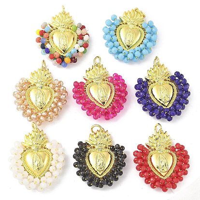 Латунь стекло кулоны, Сердце с Девой Марией, с петлей, долговечный, без кадмия и без свинца, стойки покрытие, реальный 18 k позолоченный, граненые