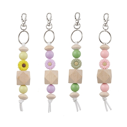 Porte-clés en perles de bois, d'acrylique et de silicone, avec fermoirs pivotants en alliage et porte-clés fendus en fer