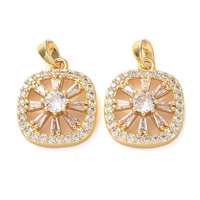 Brass Micro Pave Clear Cubic Zirconia Pendants, Square & Flower Charms, Rack Plating, Long-Lasting Plated, Cadmium Free & Lead Free, E-Coating
