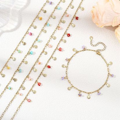 Ocean Natural Shell Chip and 304 Stainless Steel Shell Shape Tassel Paperclip Chain Necklaces for Women, Golden