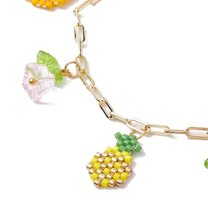 Fruit & Flower Glass Seeds Charm Bracelets, with Golden Brass Paperclip Chains