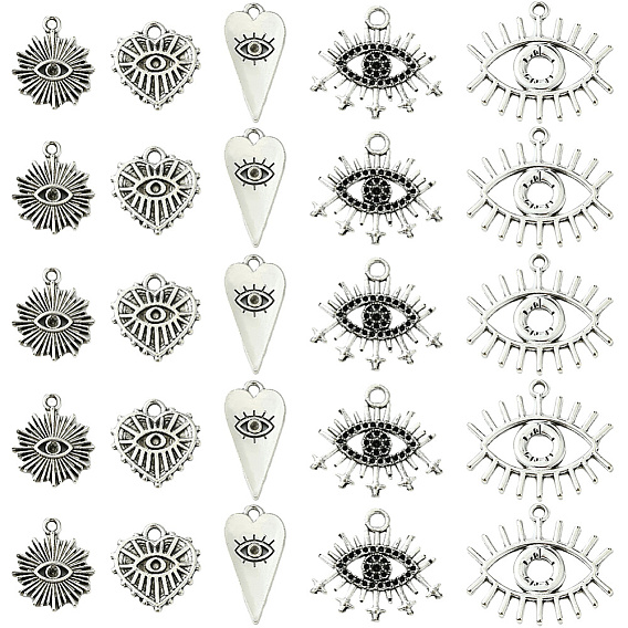50 шт. 5 стили подвески из цинкового сплава в тибетском стиле со стразами, глаз с солнцем