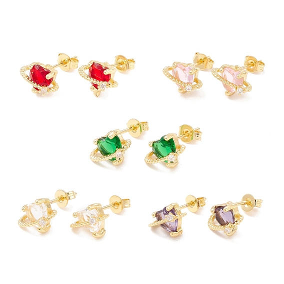 Серьга-гвоздик из латуни с кубическим цирконием, реальный 18 k позолоченный, сердце