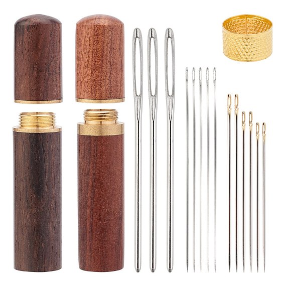 Sewing Tool Kit, with Wood Leather Craft Sewing Needles Case Box, Iron Pins and Tapestry Needles & Sewing Thimbles