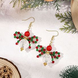 Christmas Natural Dyed Mashan Jade Gemstone & Glass Christmas Bowknot Dangle Earrings, with Brass Earring Hooks, Golden