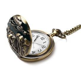 Alloy Glass Pendant Pocket Necklace, Electronic Watches, with Iron Chains and Lobster Claw Clasps, Flat Round with Elephant