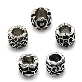 Mixed Styles Retro 304 Stainless Steel Big Hole Column Beads, 8x11mm, Hole: 6mm