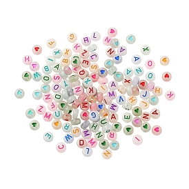 160pcs 2 style leuchtende Acrylperlen, flach rund mit Buchstaben & Herz
