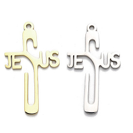 304 Stainless Steel Pendants, Cross with Word Jesus Charm