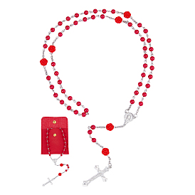 Imitaiton Round Pearl with Resin Flower Rosary Bead Necklaces, Alloy Virgin Cross Pendant Necklaces, with 1Pc Velvet Jewelry Packing Pouches with Golden Tone Snap Button, Platinum