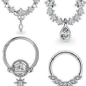 4 шт. 4 стили 316l хирургические кольца для носа из нержавеющей стали с прозрачным кубическим цирконием, планета слезинка цветок