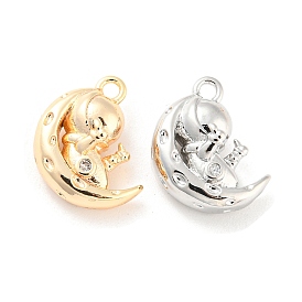 Brass Micro Pave Cubic Zirconia Pendants, Moon with Spaceman