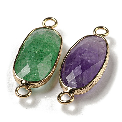 Natural Mixed Gemstone Connector Charms, Faceted Oval Links with Light Gold Plated Brass Edge