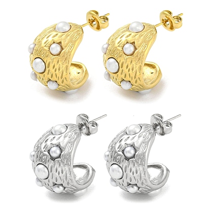 304 Stainless Steel Stud Earrings, ABS Plastic Imitation Pearl Beaded Half Hoop Earrings