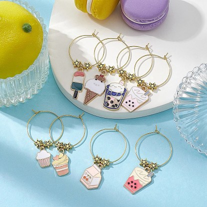 Dessert Theme Alloy Enamel Wine Glass Charms, with Brass Wine Glass Charm Rings and Star Alloy Beads