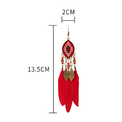 Bohemian Ethnic Style Beaded Leaf Tassel Feather Earrings Colorful Drip Oil Ear Studs