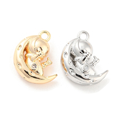 Brass Micro Pave Cubic Zirconia Pendants, Cadmium Free & Nickel Free & Lead Free, Moon with Spaceman