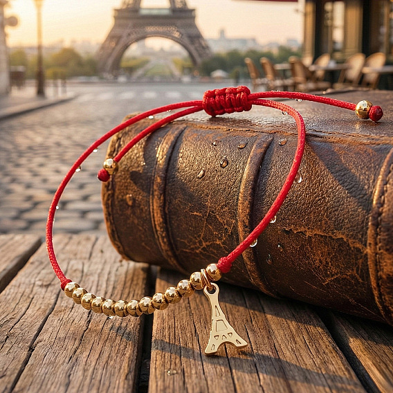 Регулируемые 304 из нержавеющей стали браслеты шарма, Браслеты из круглых бусин, плетеные из бусин, для женщин и мужчин., Эйфелева башня