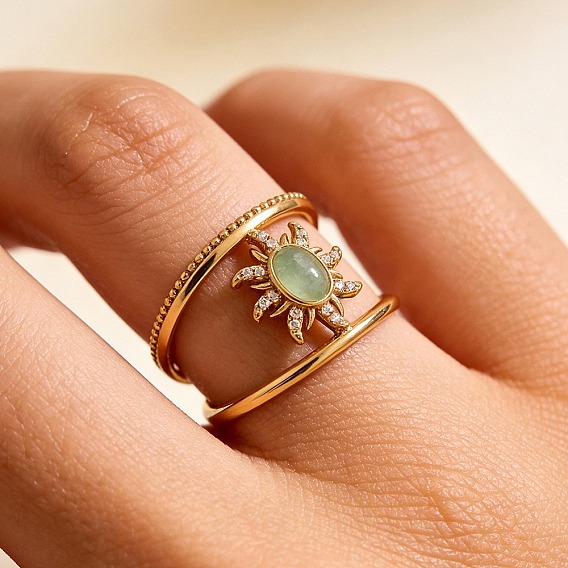 Открытые кольца-манжеты из латуни с микропаве из кубического циркония и натуральными драгоценными камнями для женщин., солнце