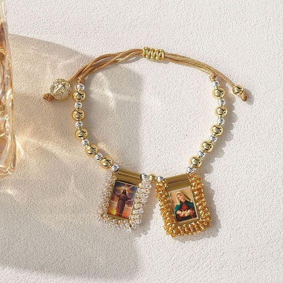 Регулируемые браслеты на шнурке с подвесками в виде Иисуса и Девы Марии, плетеные браслеты из стеклянных бус