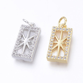 Brass Micro Pave Cubic Zirconia Pendants, with Jump Rings & Natural Shell, Long-Lasting Plated, Cadmium Free & Lead Free & Nickel Free, Rectangle with Star, Clear