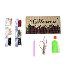 DIY Wall Decor Sign Diamond Painting Kits, Rectangle Wood Board & Insect with Word WELCOME, with Acrylic Rhinestone, Pen, Tray Plate, Glue Clay and Hemp Rope