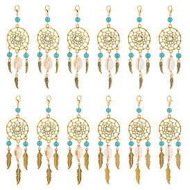 5шт. подвесные украшения из сплава и синтетической бирюзы, Сплав с застежками когтя омара, солнцечесалка с пером