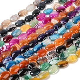 Natural Striped Agate/Banded Agate Beads Strands, Flat Oval, Dyed & Heated