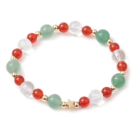 Christmas Theme Green Aventurine & Carnelian & Quartz Crystal Beaded Stretch Bracelets for Women, Round