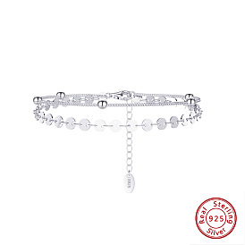 925 Sterling Silver Satellite & Flat Round Link Chains Double-Layer Multi-strand Bracelet