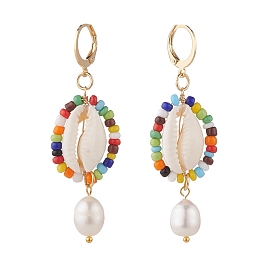 Natural Shell and Pearl Wrapped Dangle Hoop Earrings, Beaded Oval Long Drop Earrings for Women, Golden