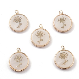 Natural Freshwater Shell Pendants, Flat Round with Flower Charms, with Brass Findings