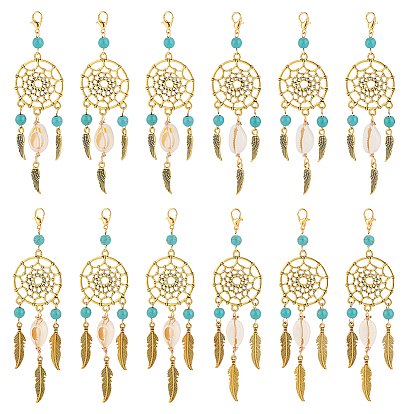 5шт. подвесные украшения из сплава и синтетической бирюзы, Сплав с застежками когтя омара, солнцечесалка с пером