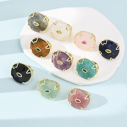 Natural Gemstone Cuff Rings, Round, Brass Micro Pave Cubic Zirconia Cuff Open Rings, Faceted, Golden