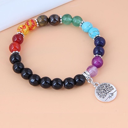 8 Pulseras elásticas redondas de mm con cuentas de piedras naturales y sintéticas mixtas para los chakras, Pulseras con dijes del árbol de la vida de aleación de zinc estilo bohemio, Platino