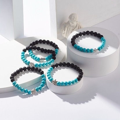 Round Synthetic Turquoise & Natural Lava Rock Stretch Bracelet, Oil Diffuser Power Stone Bracelet with Alloy Beads for Women