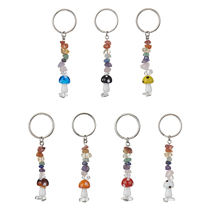 Chakra Natural Gemstone Chips Keychains with Lampwork Mushroom Charm, with Iron Keychain Ring