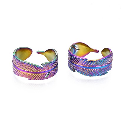 304 Stainless Steel Feather Wrapped Cuff Ring, Rainbow Color Open Ring for Women