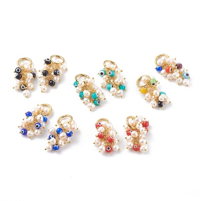 Natural Pearl Cluster Earrings, with Evil Eye Lampwork Beads and 304 Stainless Steel Huggie Hoop Earrings Findings, Golden