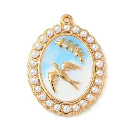 304 нержавеющей стальной эмали подвески, с абс пластмассовыми жемчужными бисером, овал с подвеской в виде ласточки