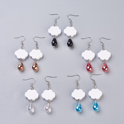 Faceted Glass Dangle Earrings, with Dyed Wood Cloud Beads and Brass Earring Hooks