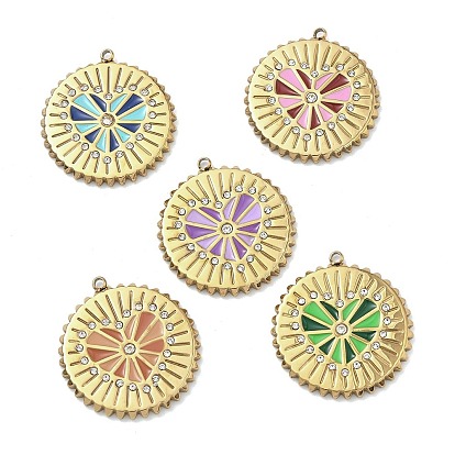 304 нержавеющей стальной эмали подвески, плоские круглые и сердечные подвески, со стразами, золотые