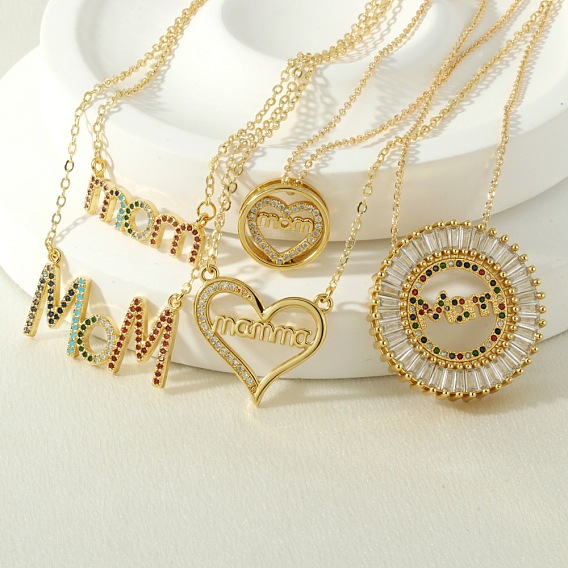 Ожерелья с подвесками из латуни с микропаве из кубических цирконий ко Дню матери, золотые