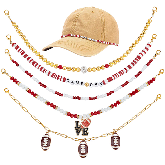 5 шт. 5 стили регбийная тематика, сплав эмали и акрила и полимерная глина ручной работы и 304 цепочки для шляп из нержавеющей стали, Сплав с застежками когтя омара, золотые