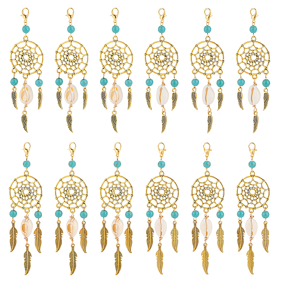 5шт. подвесные украшения из сплава и синтетической бирюзы, Сплав с застежками когтя омара, солнцечесалка с пером