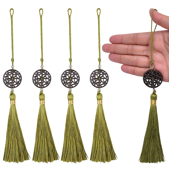 6шт. плоские круглые деревянные подвесные украшения, полиэстеровая кисточка для подвесных украшений в виде веера