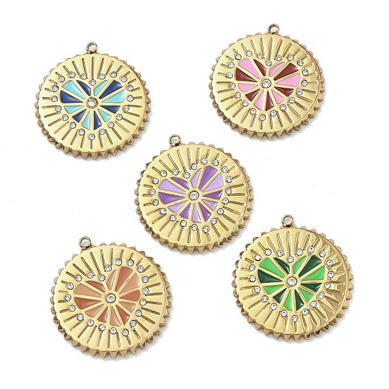 304 нержавеющей стальной эмали подвески, плоские круглые и сердечные подвески, со стразами, золотые