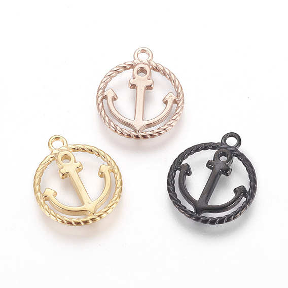 304 Stainless Steel Pendants, Ion Plating (IP), Ring with Anchor